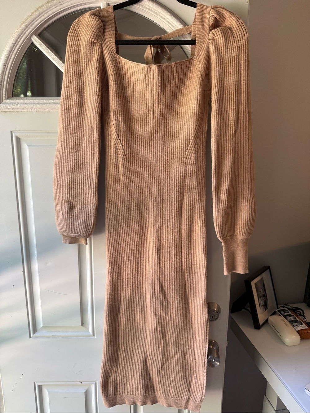 Charles Henry Tan Ribbed Knit Midi Dress with Puff Sleeves